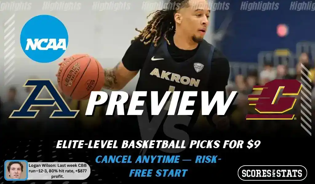 NCAAB preview graphic for Akron Zips vs Central Michigan Chippewas with both team logos, a matchup-themed background image, and the ScoresAndStats logo.