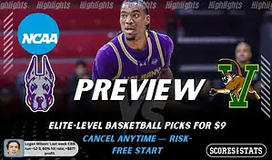 NCAAB preview graphic for Albany Great Danes vs Vermont Catamounts with both team logos, a matchup-themed background image, and the ScoresAndStats logo.