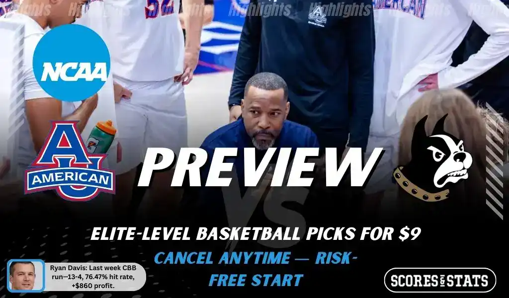 NCAAB preview graphic for American Eagles vs Boston Terriers with both team logos, a matchup-themed background image, and the ScoresAndStats logo.