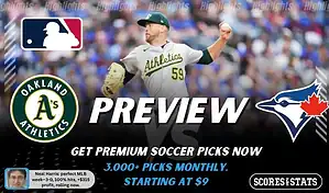 Oakland Athletics vs Toronto Blue Jays preview image with both team logos, a relevant baseball background, and the ScoresAndStats logo.