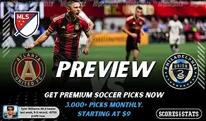 Atlanta United vs Philadelphia Union preview image with both team logos, a relevant soccer background, and the ScoresAndStats logo.