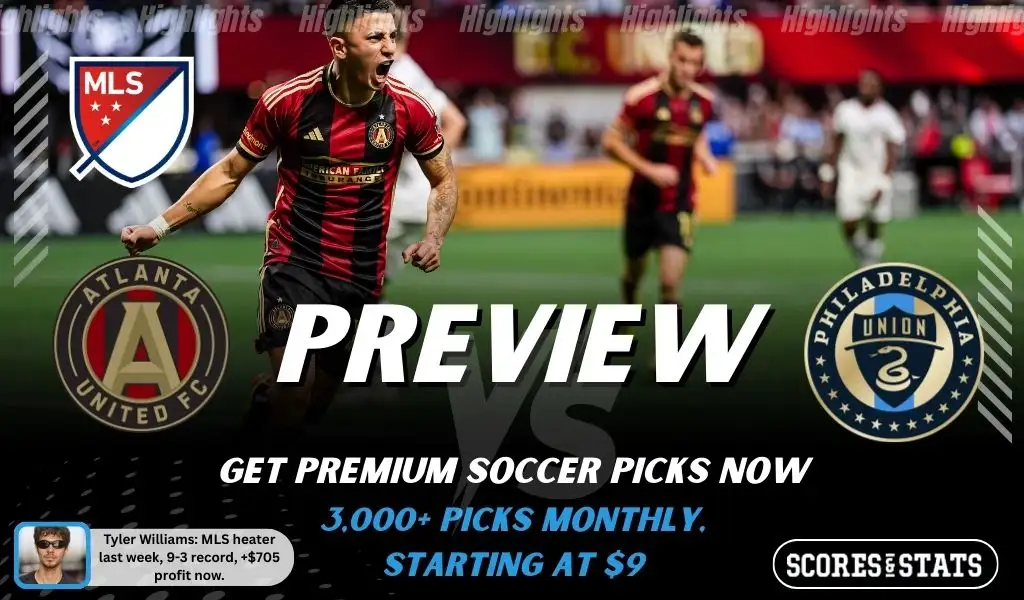 Atlanta United vs Philadelphia Union preview image with both team logos, a relevant soccer background, and the ScoresAndStats logo.
