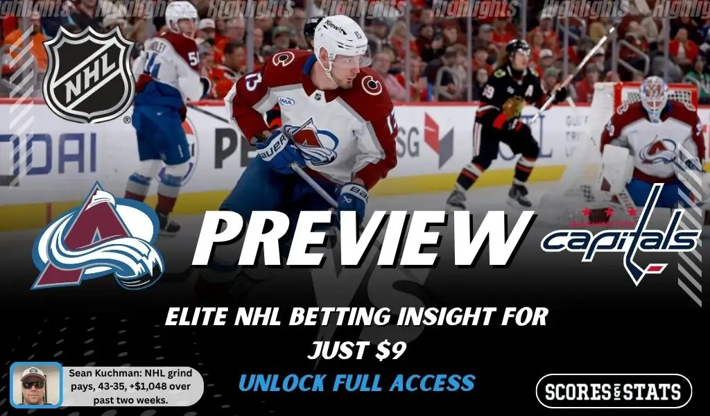 Colorado Avalanche vs Washington Capitals preview image with both team logos, a relevant hockey background, and the ScoresAndStats logo.