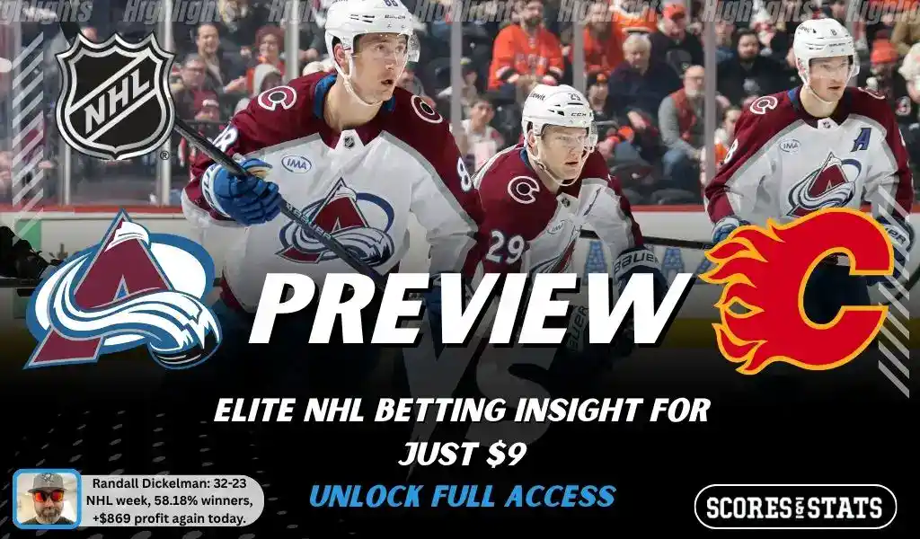 Colorado Avalanche vs Calgary Flames preview image with both team logos, a relevant hockey background, and the ScoresAndStats logo.