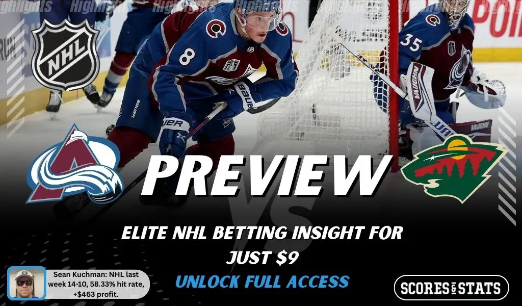 NHL preview graphic for Colorado Avalanche vs Minnesota Wild featuring both team logos, a matchup-themed background image, and the ScoresAndStats logo.