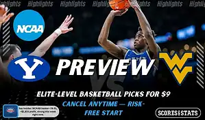 BYU Cougars vs West Virginia Mountaineers NCAAB preview image with both team logos, a relevant basketball background, and the ScoresAndStats logo.