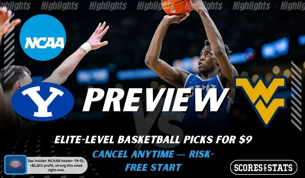 BYU Cougars vs West Virginia Mountaineers NCAAB preview image with both team logos, a relevant basketball background, and the ScoresAndStats logo.