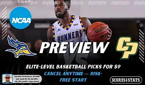 NCAAB preview graphic for Bakersfield Roadrunners vs Cal Poly Mustangs featuring both team logos, a matchup-themed background image, and the ScoresAndStats logo.