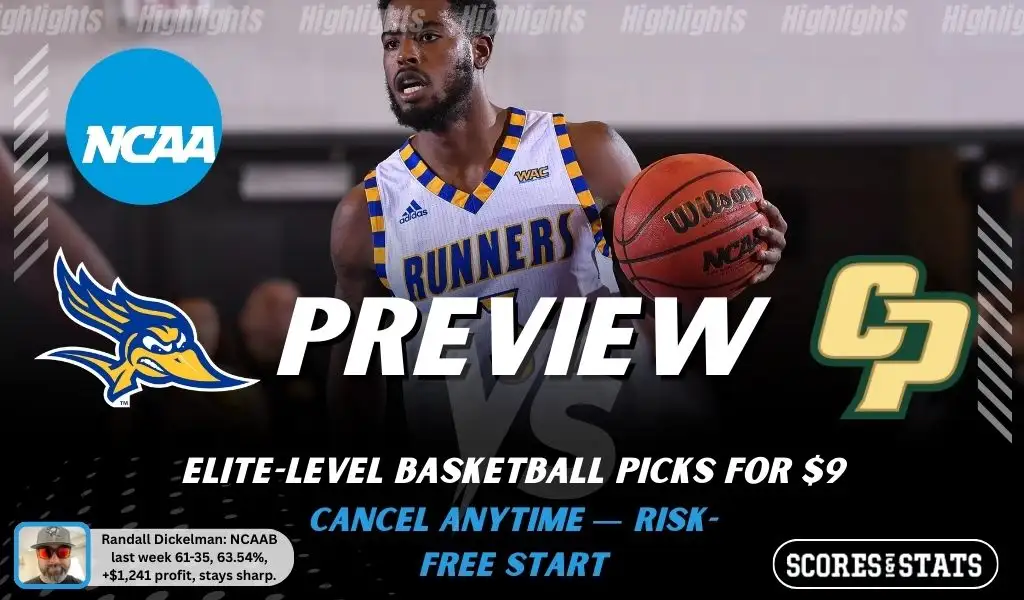 NCAAB preview graphic for Bakersfield Roadrunners vs Cal Poly Mustangs featuring both team logos, a matchup-themed background image, and the ScoresAndStats logo.