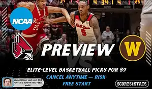NCAAB preview graphic for Ball State Cardinals vs Western Michigan Broncos with both team logos, a matchup-themed background image, and the ScoresAndStats logo.
