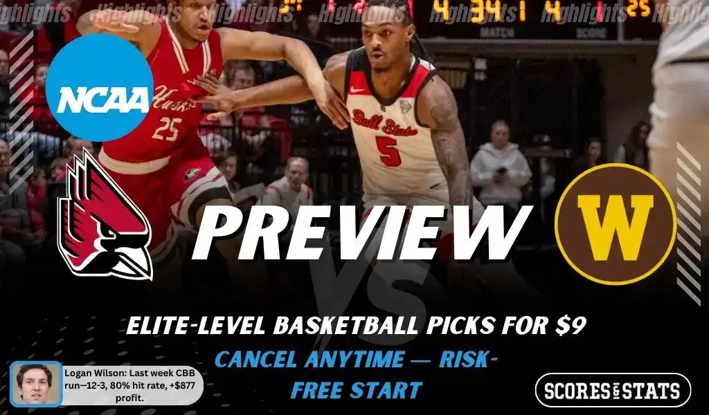 NCAAB preview graphic for Ball State Cardinals vs Western Michigan Broncos with both team logos, a matchup-themed background image, and the ScoresAndStats logo.