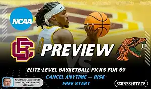 NCAAB preview graphic for Bethune-Cookman Wildcats vs Florida A&M Rattlers with both team logos, a matchup-themed background image, and the ScoresAndStats logo.