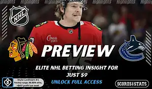 NHL preview graphic for Chicago Blackhawks vs Vancouver Canucks with both team logos, a matchup-themed hockey background image, and the ScoresAndStats logo.