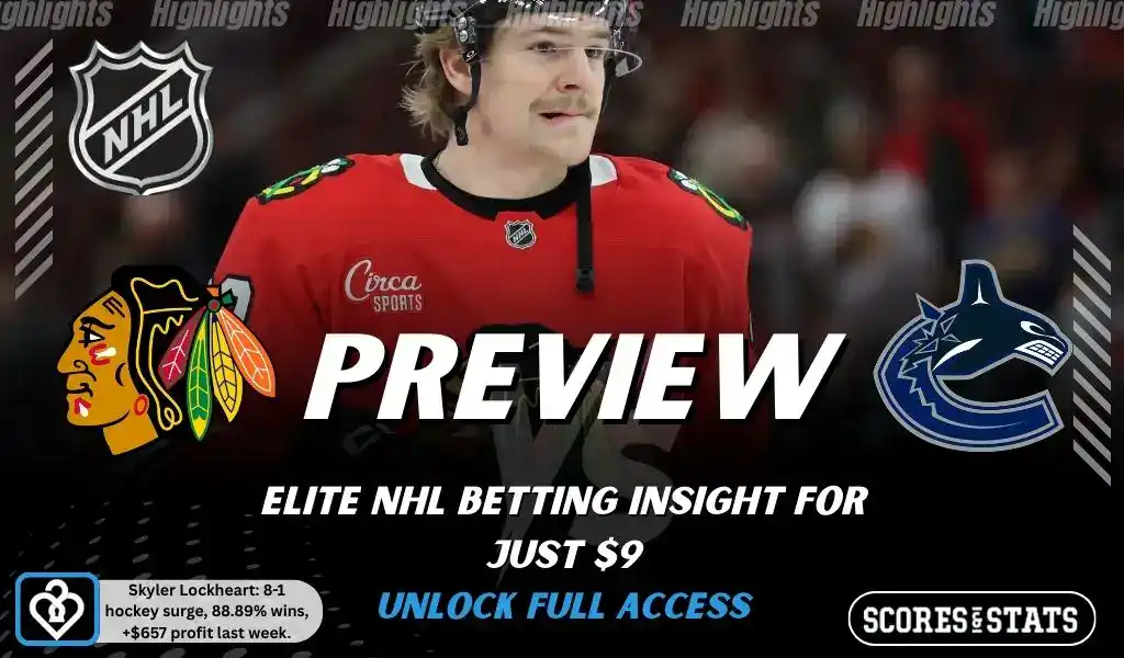 NHL preview graphic for Chicago Blackhawks vs Vancouver Canucks with both team logos, a matchup-themed hockey background image, and the ScoresAndStats logo.