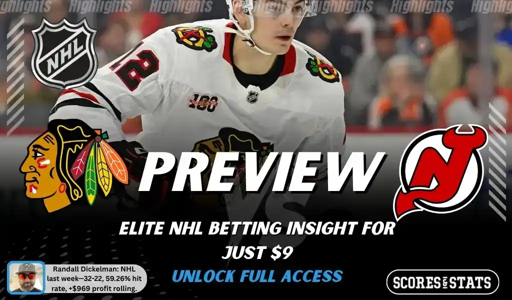 Chicago Blackhawks vs New Jersey Devils preview image with both team logos, a relevant hockey background, and the ScoresAndStats logo.