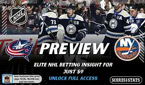 Columbus Blue Jackets vs New York Islanders preview image with both team logos, a relevant hockey background, and the ScoresAndStats logo.