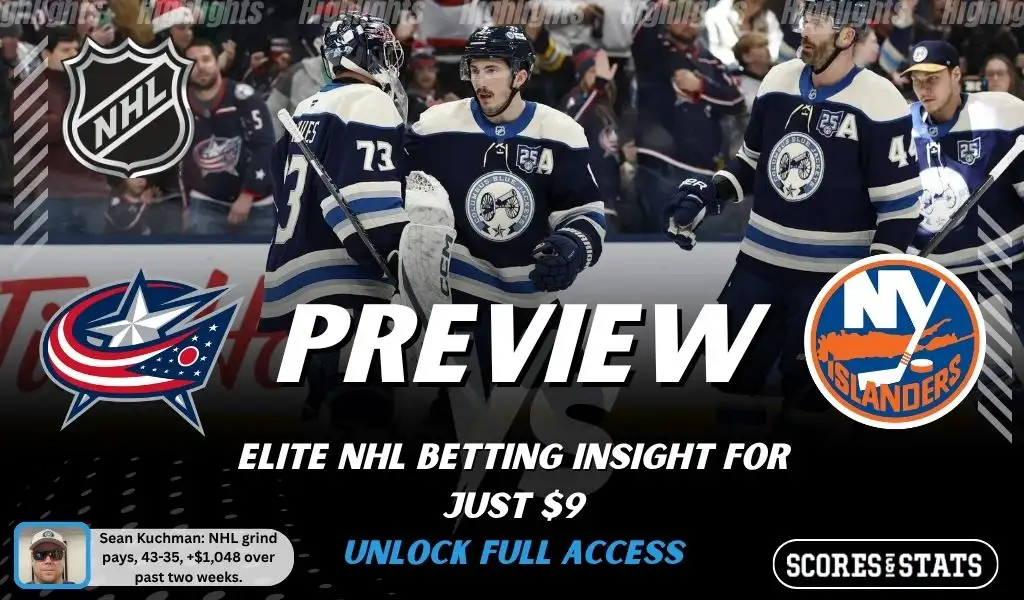 Columbus Blue Jackets vs New York Islanders preview image with both team logos, a relevant hockey background, and the ScoresAndStats logo.