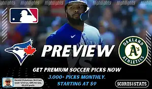 Toronto Blue Jays vs Oakland Athletics preview image with both team logos, a relevant baseball background, and the ScoresAndStats logo.