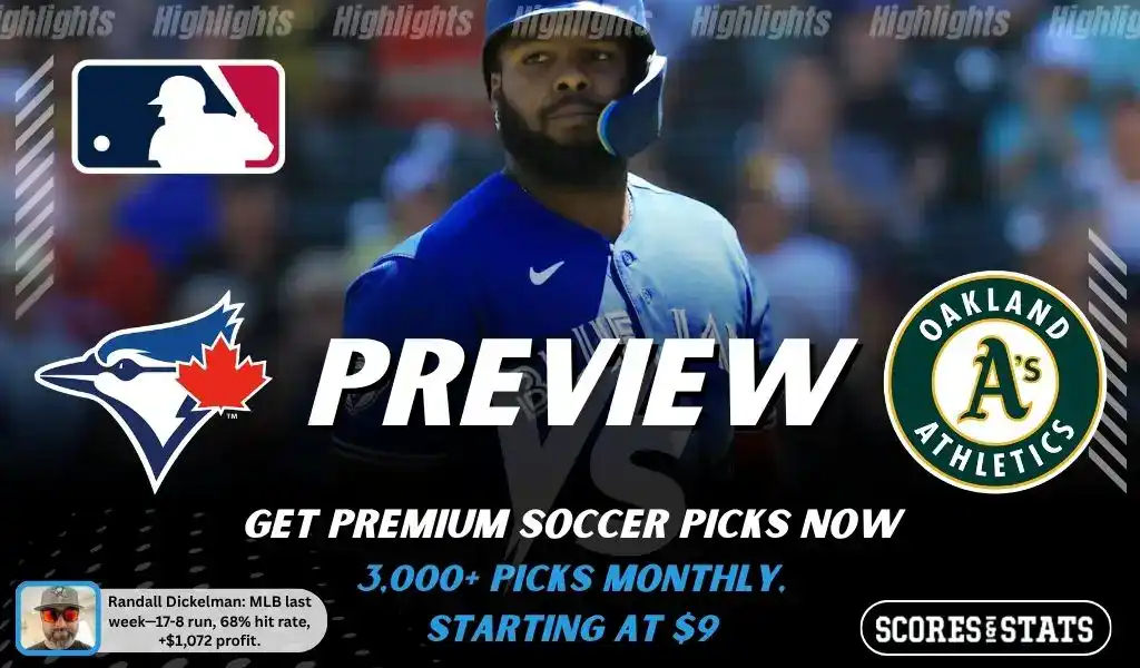 Toronto Blue Jays vs Oakland Athletics preview image with both team logos, a relevant baseball background, and the ScoresAndStats logo.