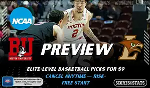 Boston Terriers vs Lehigh Mountain Hawks NCAAB preview image with both team logos, a relevant basketball background, and the ScoresAndStats logo.