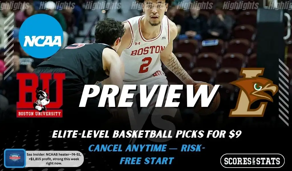 Boston Terriers vs Lehigh Mountain Hawks NCAAB preview image with both team logos, a relevant basketball background, and the ScoresAndStats logo.
