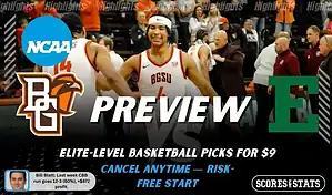 NCAAB preview graphic for Bowling Green Falcons vs Eastern Michigan Eagles with both team logos, a matchup-themed background image, and the ScoresAndStats logo.