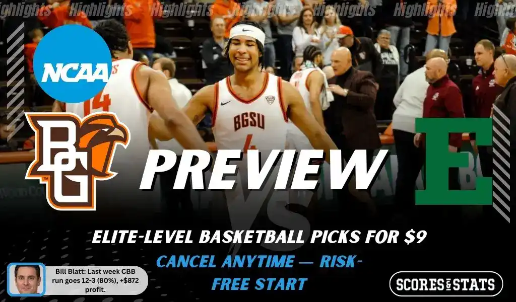 NCAAB preview graphic for Bowling Green Falcons vs Eastern Michigan Eagles with both team logos, a matchup-themed background image, and the ScoresAndStats logo.