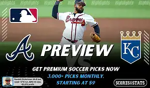 Atlanta Braves vs Kansas City Royals preview image with both team logos, a relevant baseball background, and the ScoresAndStats logo.