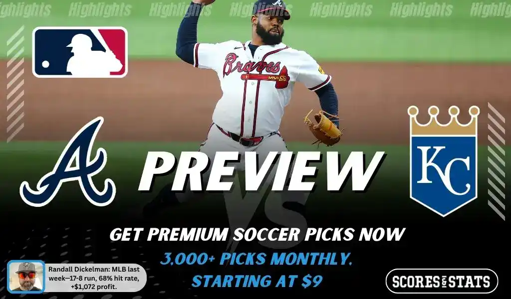 Atlanta Braves vs Kansas City Royals preview image with both team logos, a relevant baseball background, and the ScoresAndStats logo.