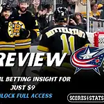 Boston Bruins vs Columbus Blue Jackets preview image with both team logos, a relevant hockey background, and the ScoresAndStats logo.