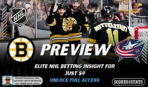 Boston Bruins vs Columbus Blue Jackets preview image with both team logos, a relevant hockey background, and the ScoresAndStats logo.
