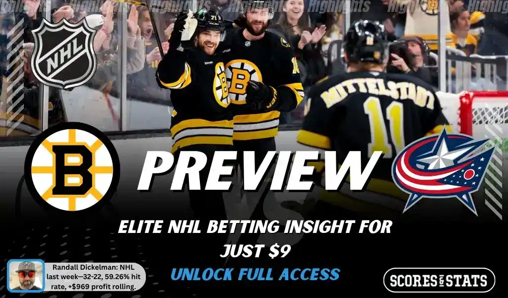 Boston Bruins vs Columbus Blue Jackets preview image with both team logos, a relevant hockey background, and the ScoresAndStats logo.