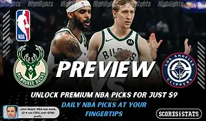 Milwaukee Bucks vs LA Clippers preview image with both team logos, a relevant basketball background, and the ScoresAndStats logo.