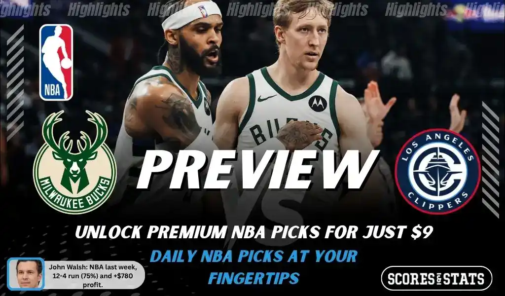 Milwaukee Bucks vs LA Clippers preview image with both team logos, a relevant basketball background, and the ScoresAndStats logo.