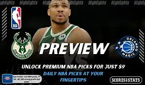 NBA preview graphic for Milwaukee Bucks vs Orlando Magic featuring both team logos, a matchup-themed background image, and the ScoresAndStats logo.
