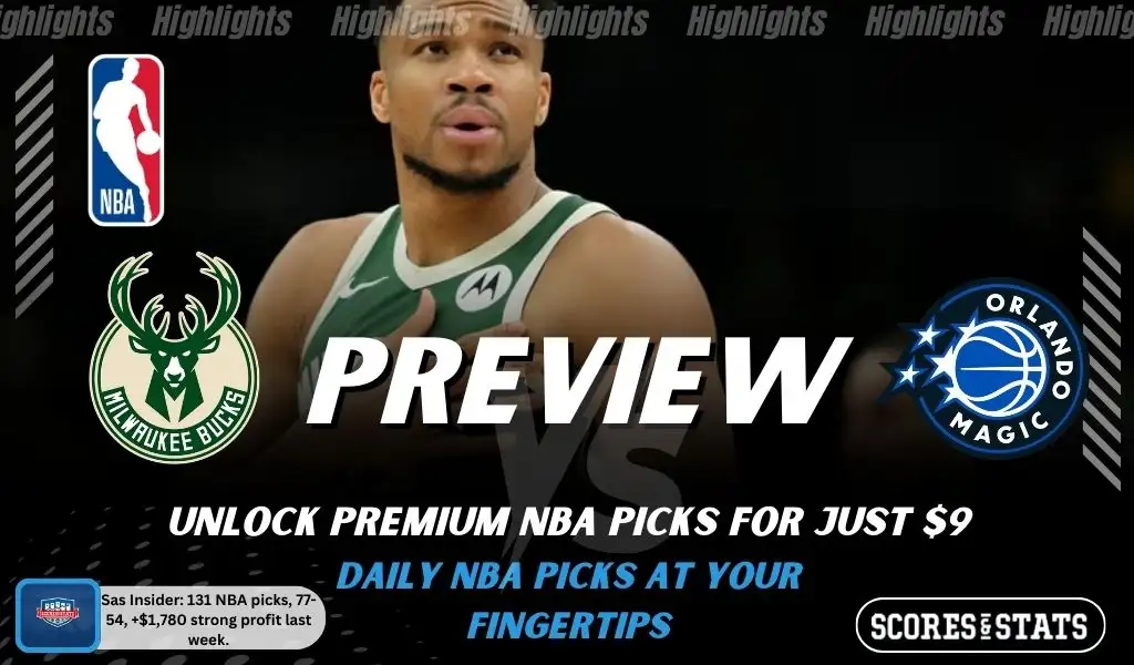 NBA preview graphic for Milwaukee Bucks vs Orlando Magic featuring both team logos, a matchup-themed background image, and the ScoresAndStats logo.