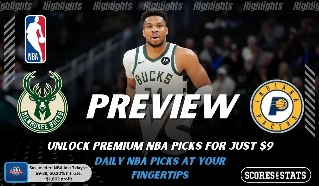 Milwaukee Bucks vs Indiana Pacers preview image with both team logos, a relevant basketball background, and the ScoresAndStats logo.