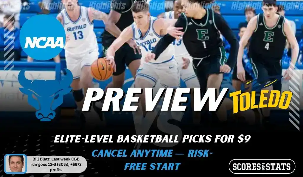NCAAB preview graphic for Buffalo Bulls vs Toledo Rockets with both team logos, a matchup-themed background image, and the ScoresAndStats logo.