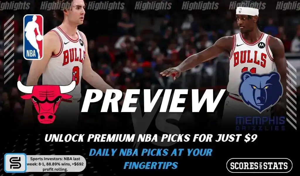 Chicago Bulls vs Memphis Grizzlies preview image with both team logos, a relevant basketball background, and the ScoresAndStats logo.
