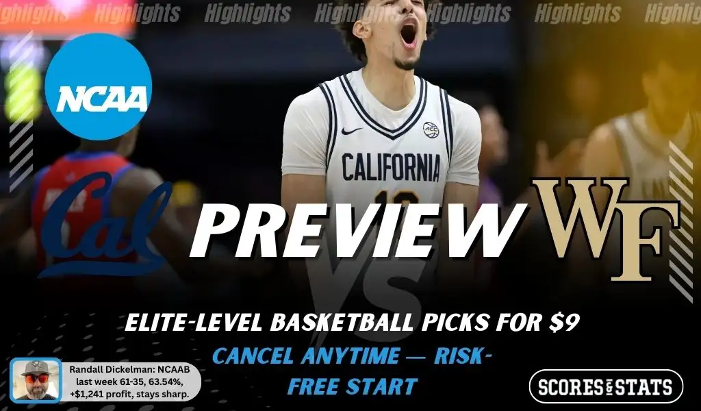 NCAAB preview graphic for California Golden Bears vs Wake Forest Demon Deacons featuring both team logos, a matchup-themed background image, and the ScoresAndStats logo.