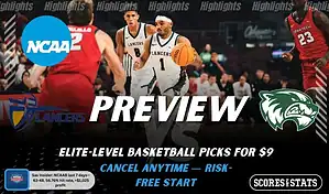 California Baptist Lancers vs Utah Valley Wolverines NCAAB preview image with both team logos, a relevant basketball background, and the ScoresAndStats logo.