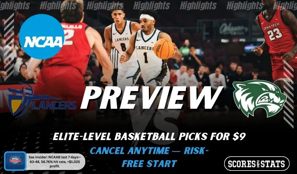 California Baptist Lancers vs Utah Valley Wolverines NCAAB preview image with both team logos, a relevant basketball background, and the ScoresAndStats logo.