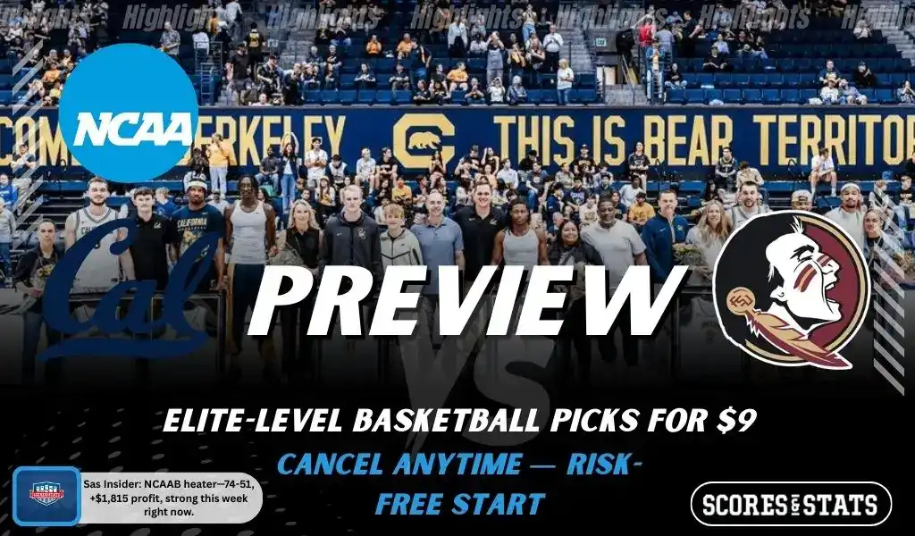 California Golden Bears vs Florida State Seminoles NCAAB preview image with both team logos, a relevant basketball background, and the ScoresAndStats logo.
