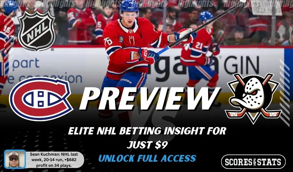Montréal Canadiens vs Anaheim Ducks preview image with both team logos, a relevant hockey background, and the ScoresAndStats logo.