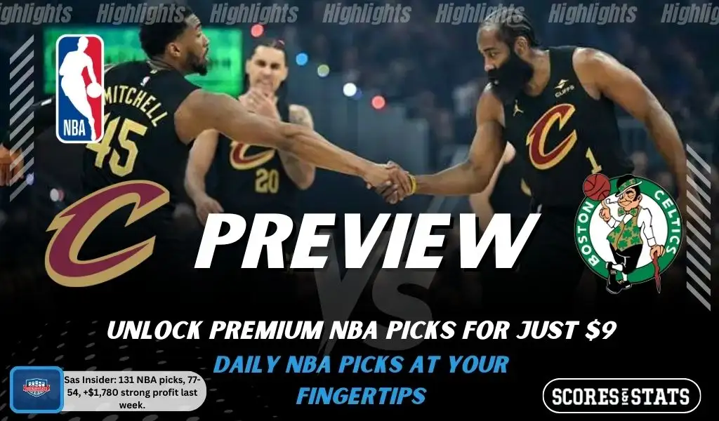 NBA preview graphic for Cleveland Cavaliers vs Boston Celtics featuring both team logos, a matchup-themed background image, and the ScoresAndStats logo.