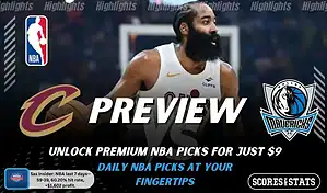 Cleveland Cavaliers vs Dallas Mavericks preview image with both team logos, a relevant basketball background, and the ScoresAndStats logo.