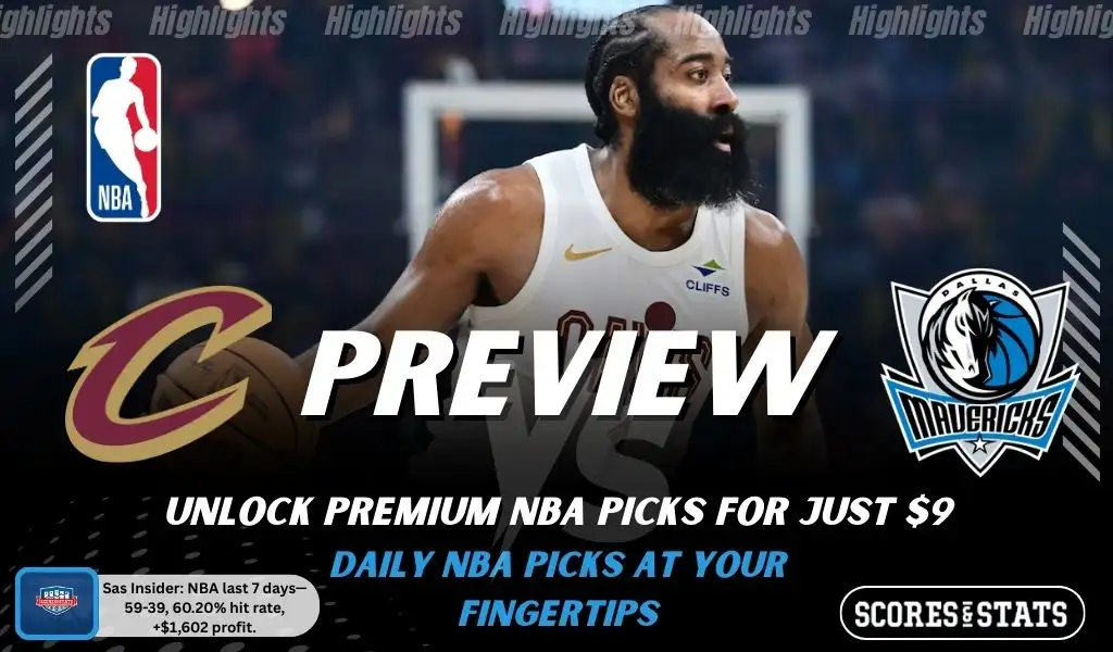 Cleveland Cavaliers vs Dallas Mavericks preview image with both team logos, a relevant basketball background, and the ScoresAndStats logo.