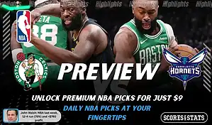Boston Celtics vs Charlotte Hornets preview image with both team logos, a relevant basketball background, and the ScoresAndStats logo.