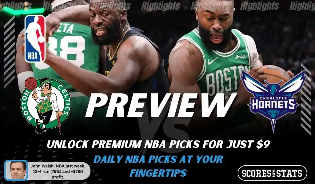 Boston Celtics vs Charlotte Hornets preview image with both team logos, a relevant basketball background, and the ScoresAndStats logo.