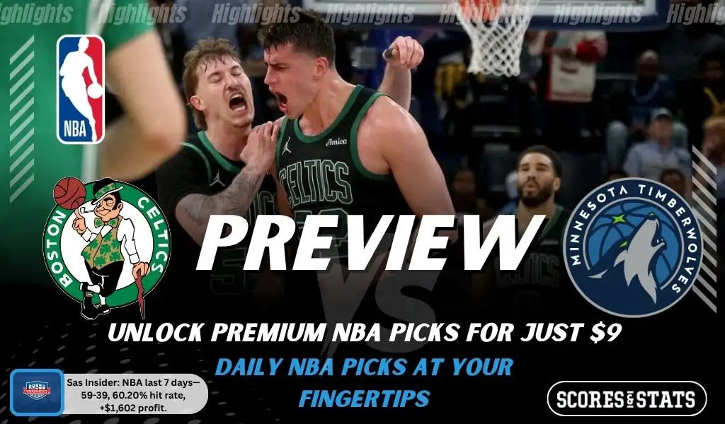 Boston Celtics vs Minnesota Timberwolves preview image with both team logos, a relevant basketball background, and the ScoresAndStats logo.